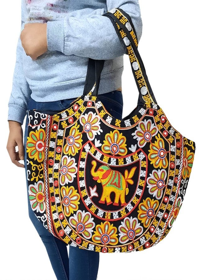 Surva Cart Handicraft Elephant Embroidery Boho Bag/Banjara Shoulder Bag/Tote Shoulder Handbag | SBP-70 | Black - Image 4